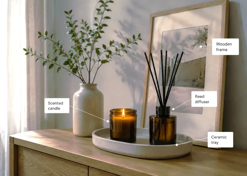 affordable aesthetic home decor reed diffuser set and marble tray from amazon on console table- a budget with warm tones and affordable home decor amazon finds- cozy apartment aesthetic
