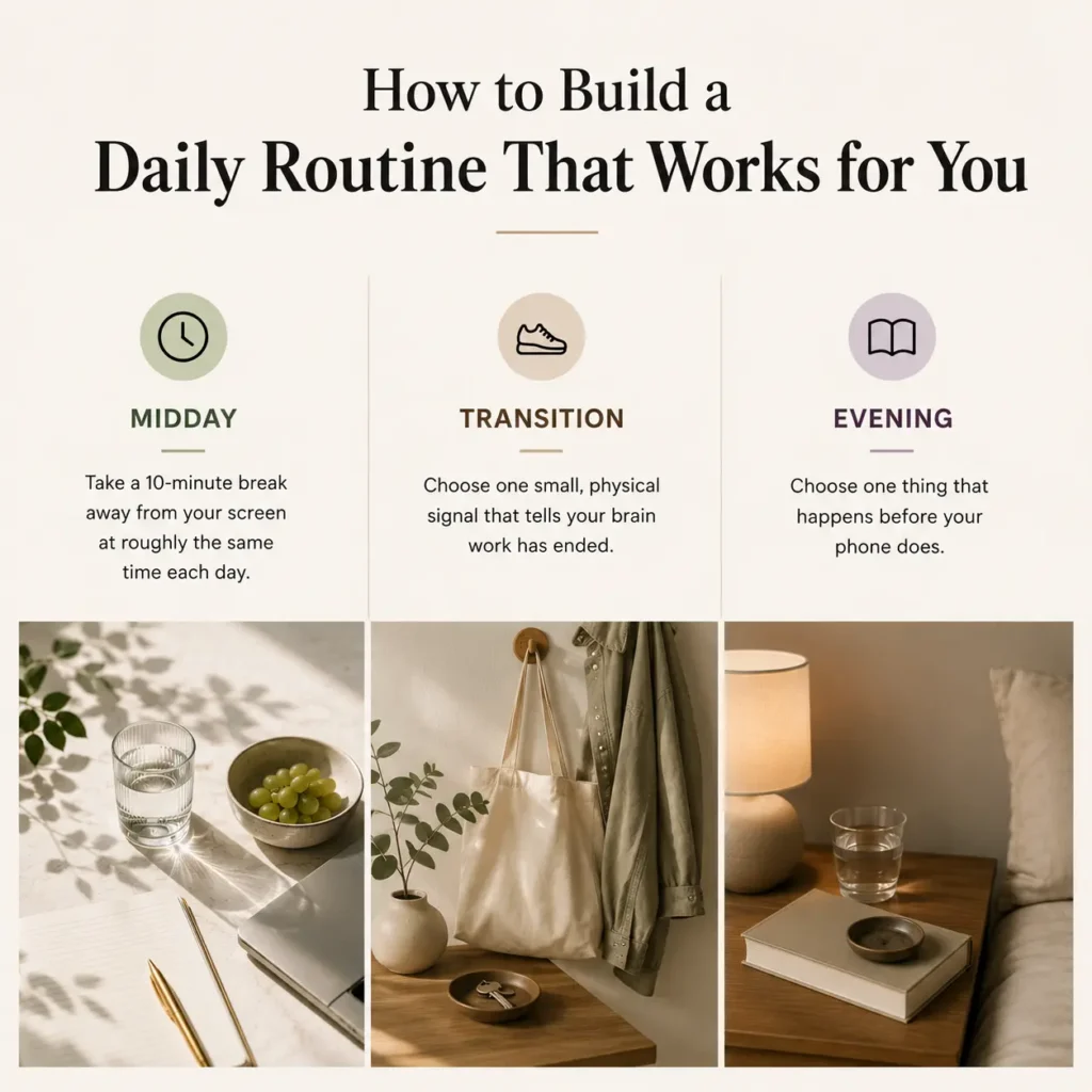 Four simple daily routine anchors from midday to evening for a realistic routine.