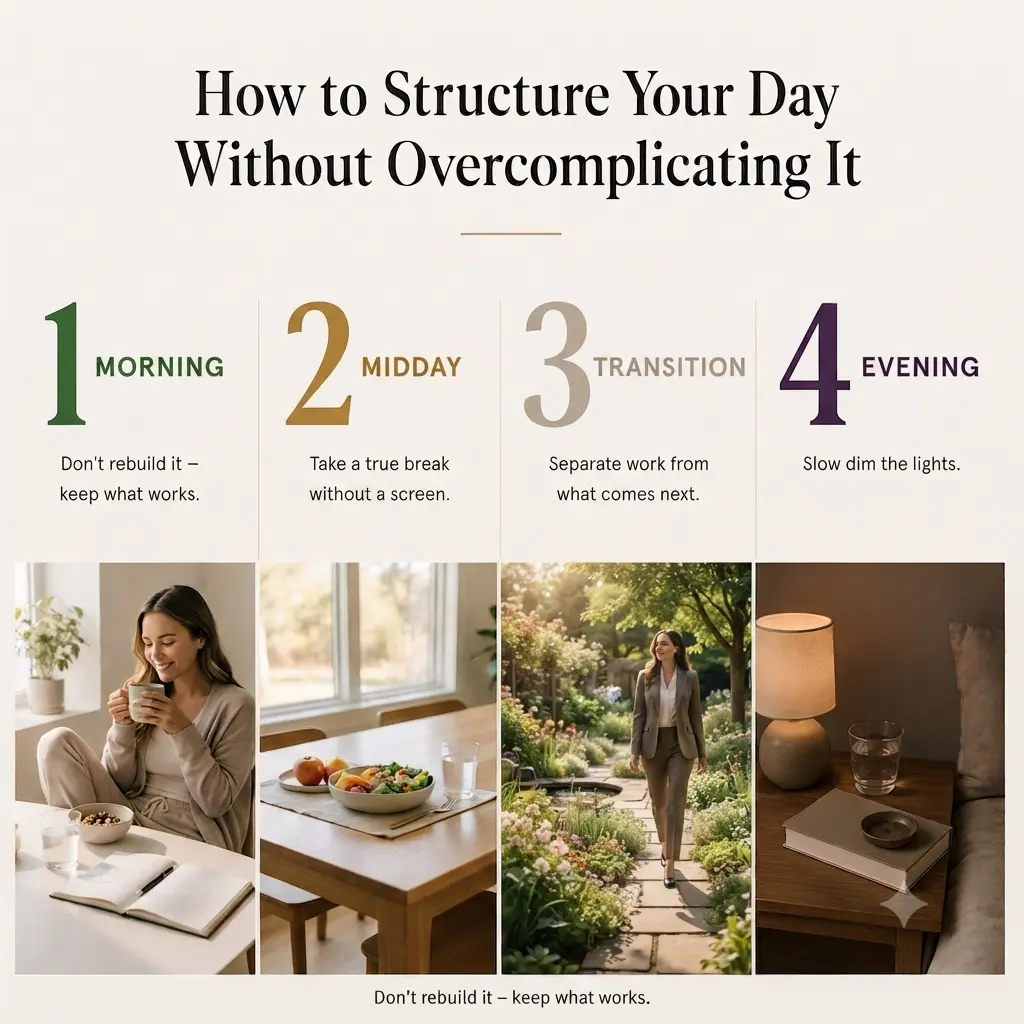Four simple daily routine anchors from morning to evening for healthy routines.