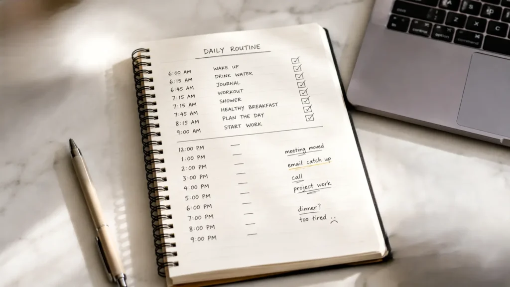 Journal, water bottle, and blanket as simple essentials for making a daily routine stick