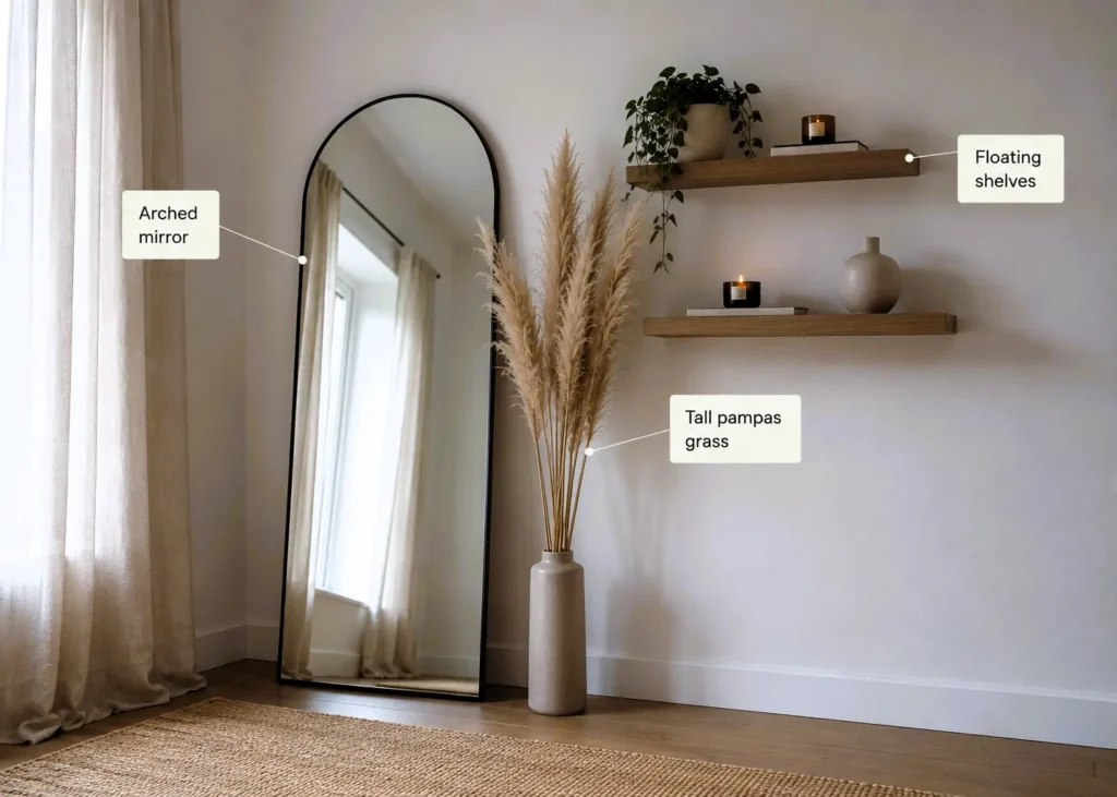 studio apartment aesthetic with arch leaner mirror floating shelves and faux pampas grass -cozy apartment aesthetic