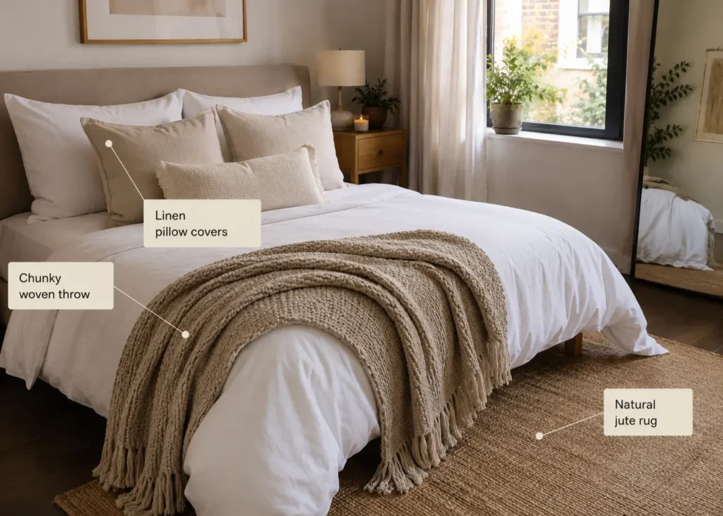 warm neutral home decor with chunky woven throw blanket and linen pillow covers from amazon -cozy apartment aesthetic