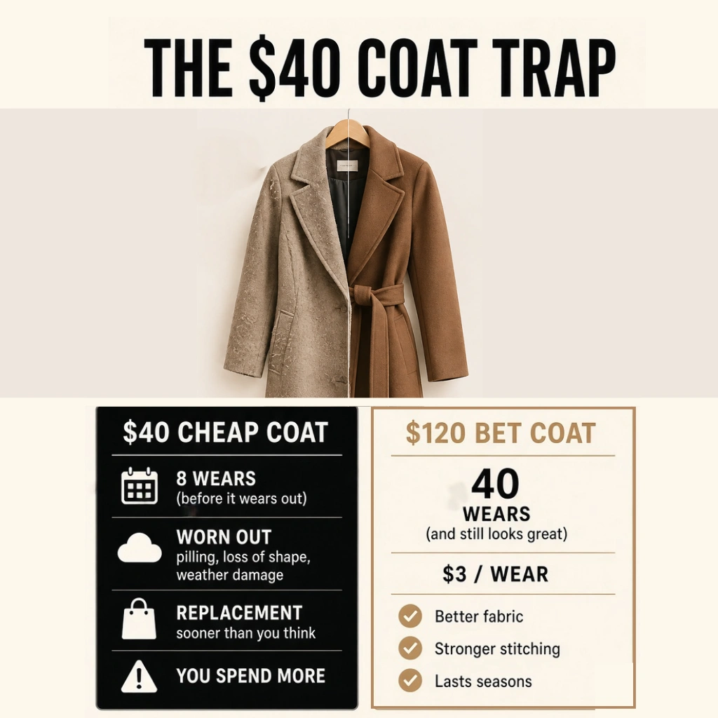 Cost-per-wear comparison showing why a cheap coat can cost more than a quality one