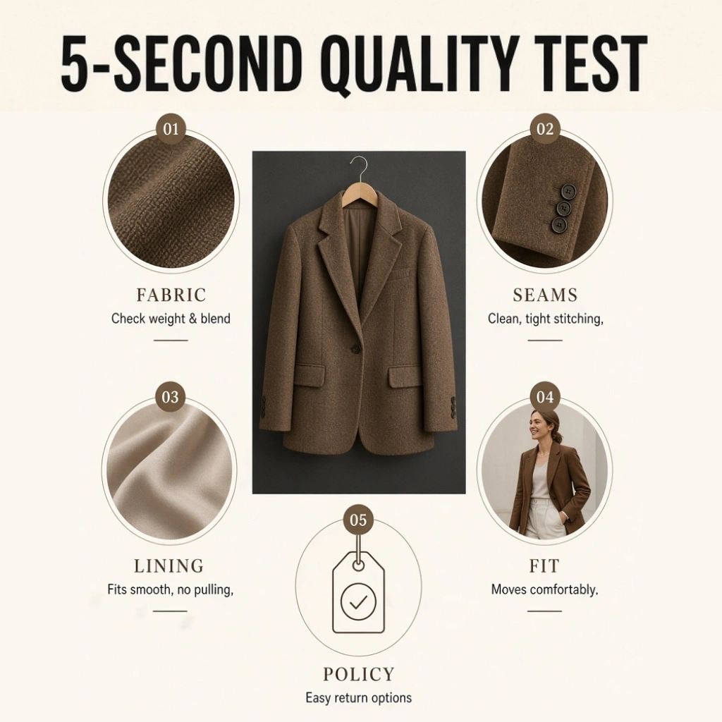 Five-second quality test checklist for fabric, seams, lining, fit, and returns before buying
