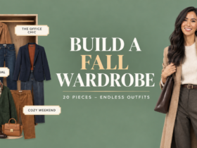 Woman styling a fall capsule wardrobe with 20 pieces shown in three outfit categories: office chic, smart casual, and cozy weekend.