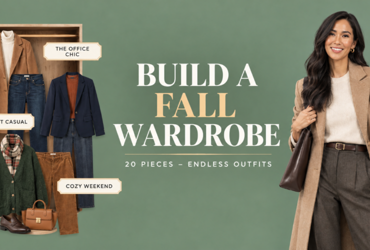 Woman styling a fall capsule wardrobe with 20 pieces shown in three outfit categories: office chic, smart casual, and cozy weekend.