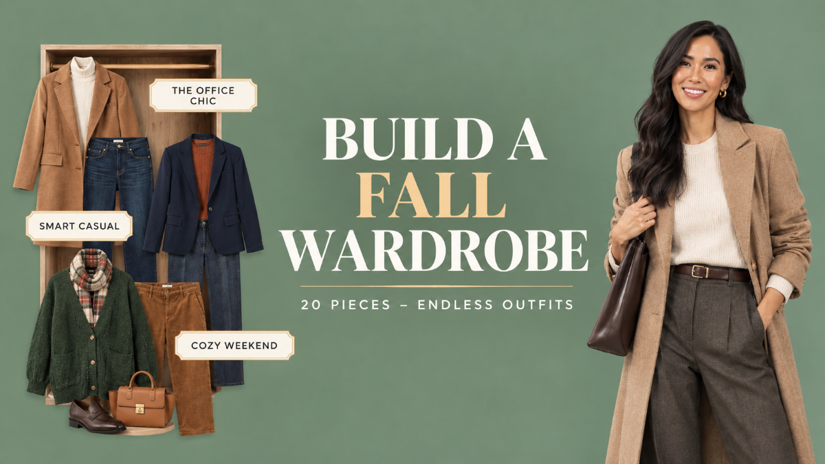 Woman styling a fall capsule wardrobe with 20 pieces shown in three outfit categories: office chic, smart casual, and cozy weekend.