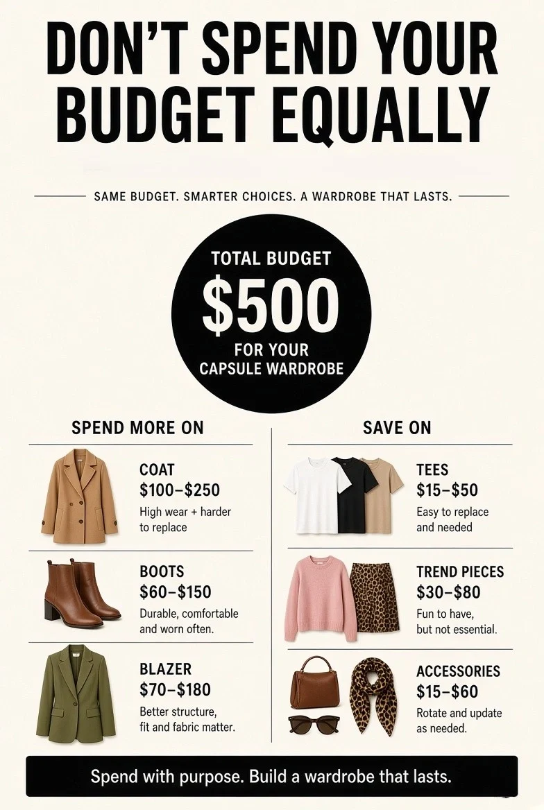 Capsule wardrobe budget strategy showing where to spend more and save on a $500 budget.