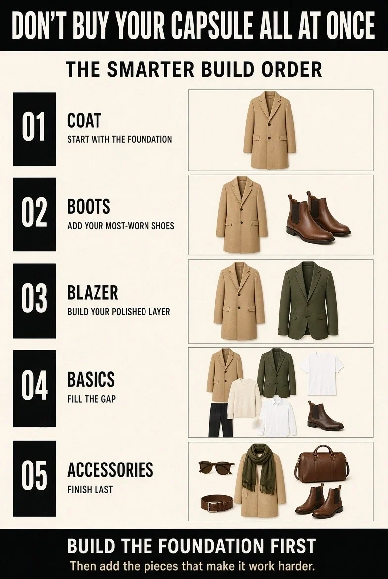Recommended buying order for an affordable capsule wardrobe starting with a coat and boots