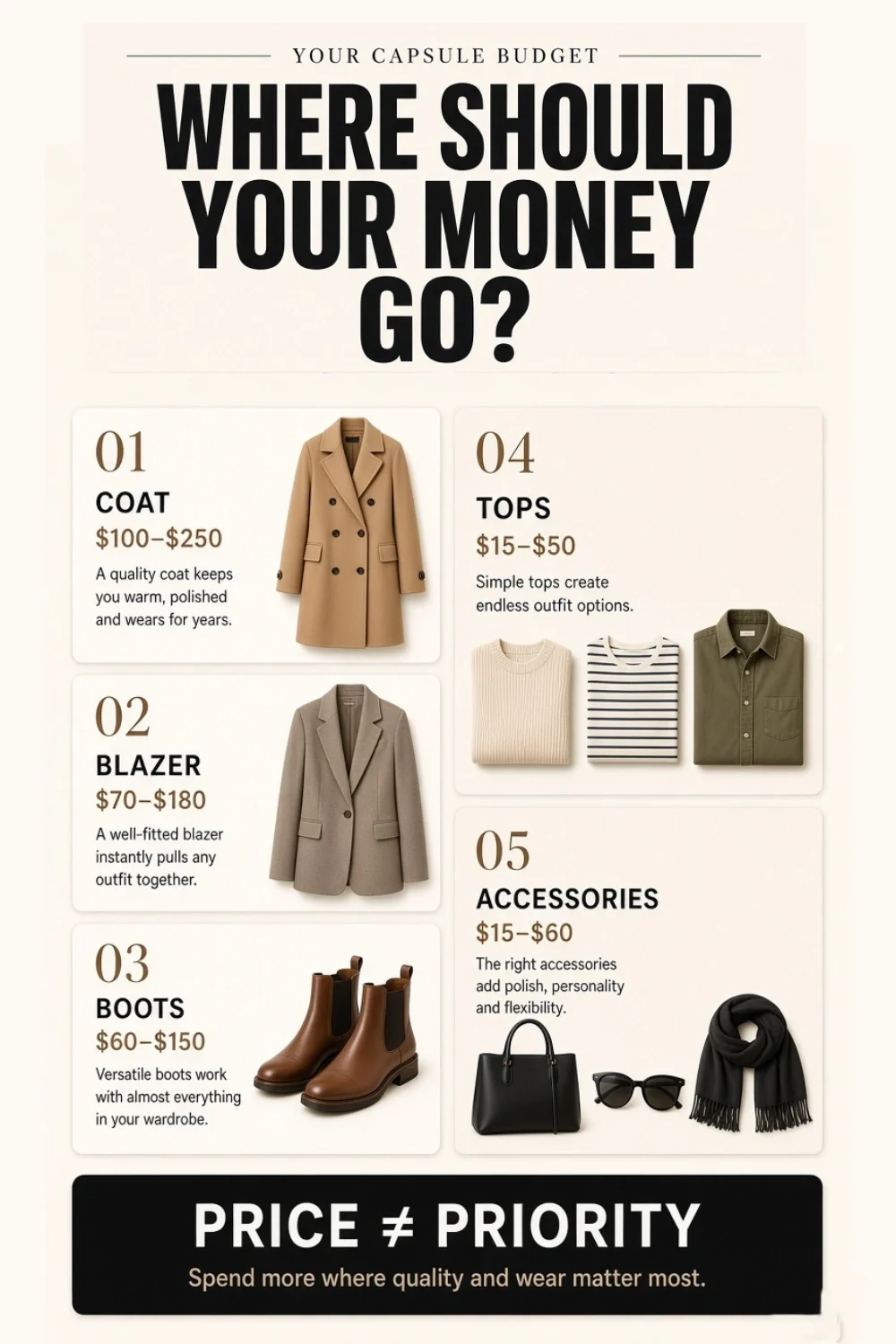 Fall capsule wardrobe price ranges by category from coat to accessories.