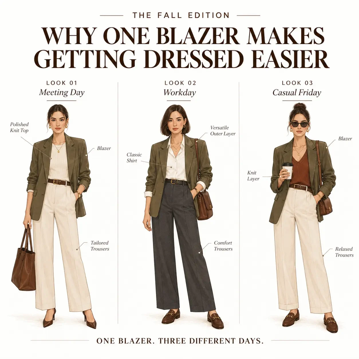 Illustration showing one blazer styled two ways for a versatile fall capsule wardrobe