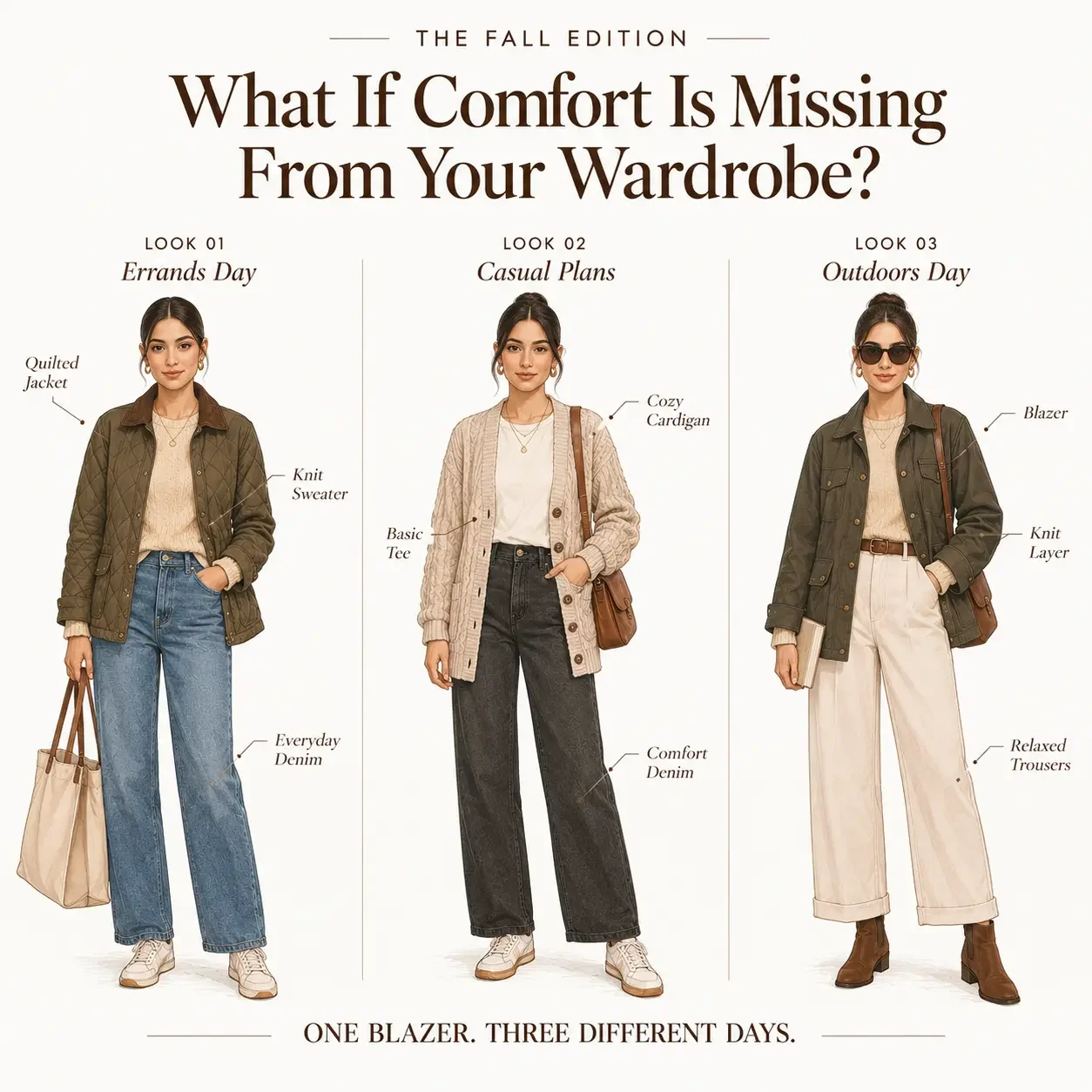 Woman in denim, knitwear, and a quilted jacket for casual fall days