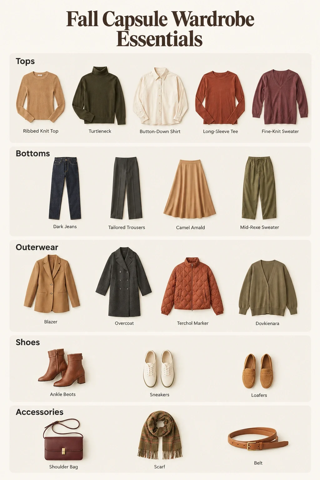 Fall capsule wardrobe essentials list by category including tops, bottoms, outerwear, shoes, and accessories