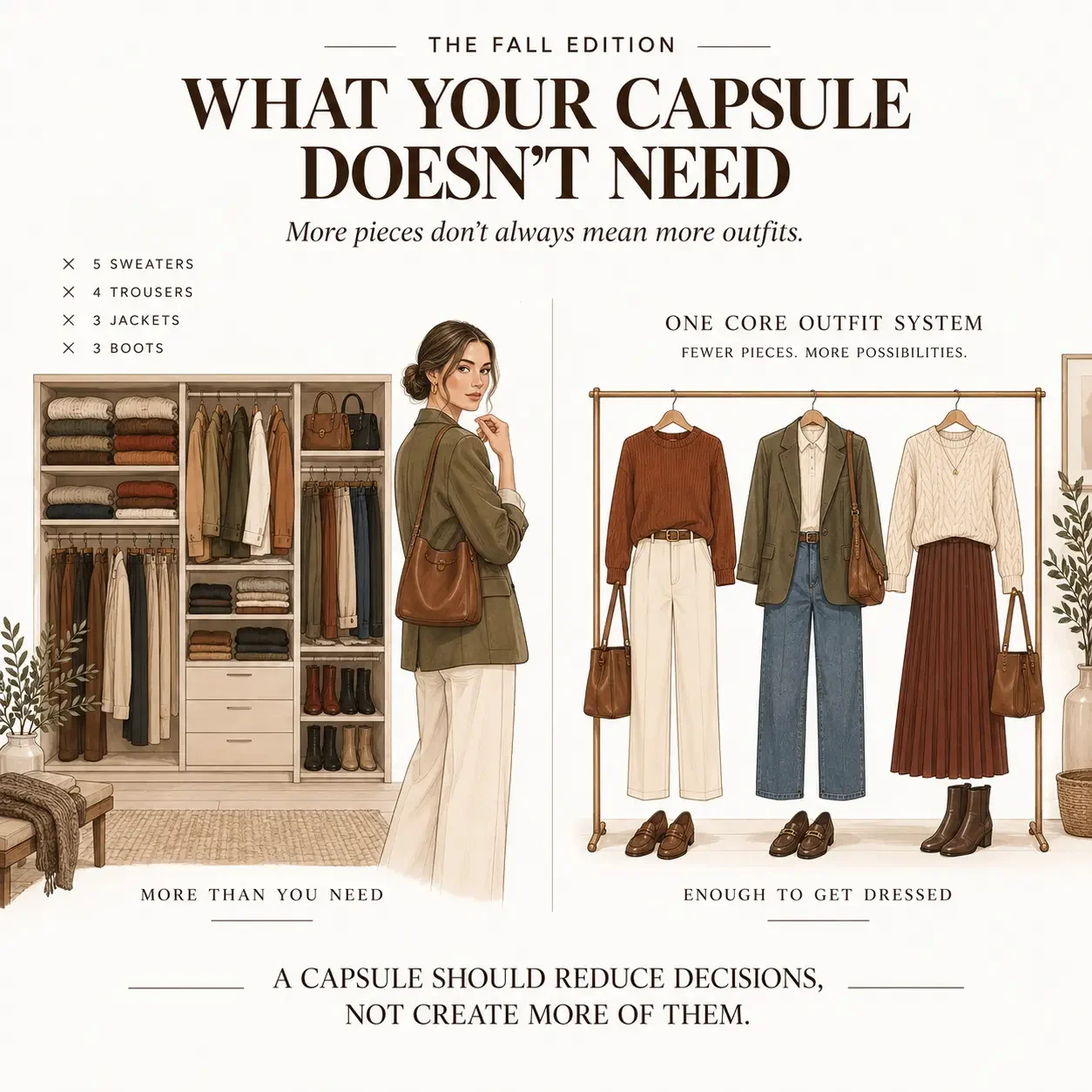 Illustration contrasting a trend piece with a core capsule wardrobe piece to show what to leave out