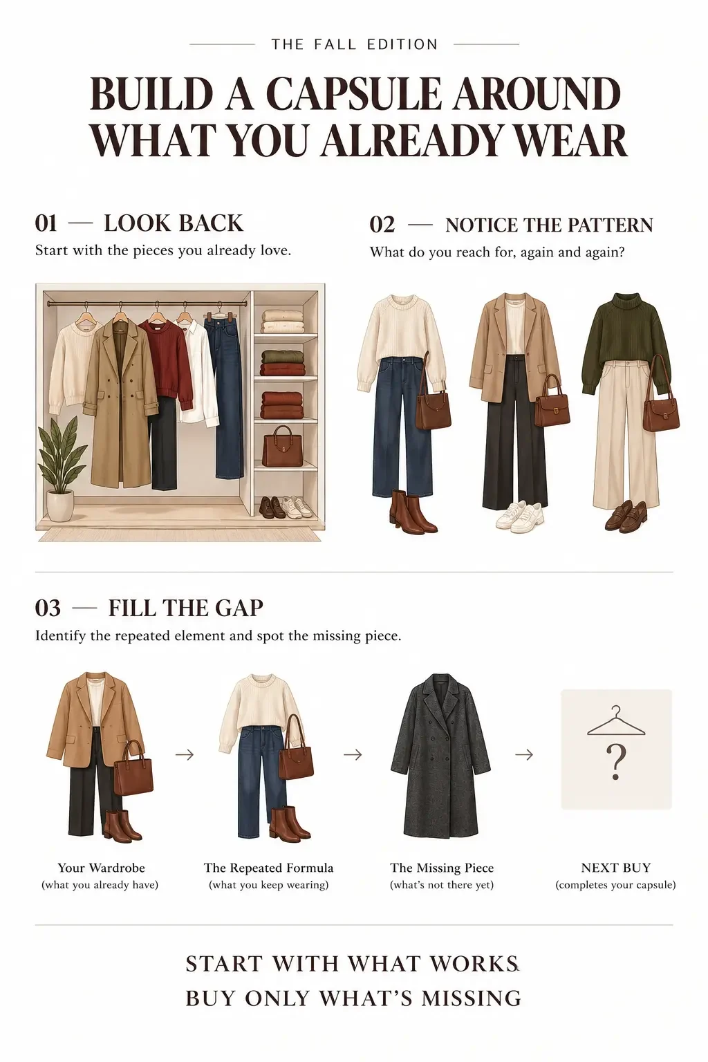 Illustration of a woman reviewing her closet to build a fall capsule wardrobe around pieces she already owns