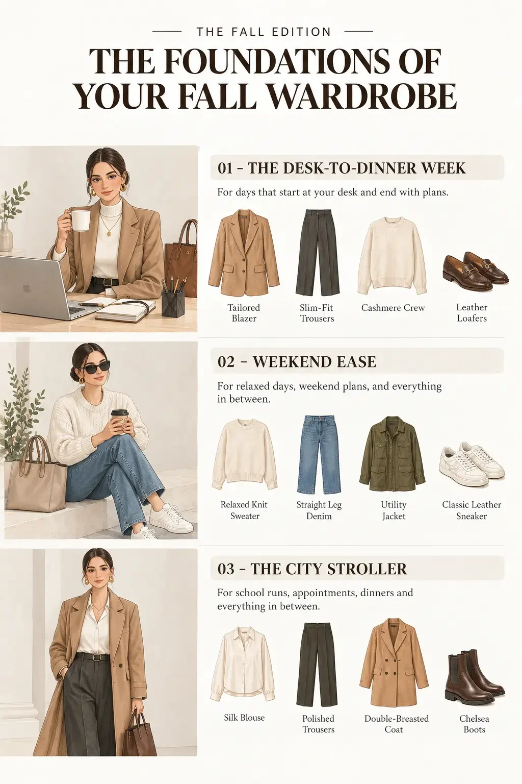 Three women styled for office, casual, and color-focused fall wardrobes